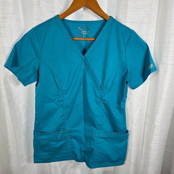 Cherokee Workwear #4728 Teal Blue Women's Mock Wrap Princess Seam Solid Top XS - Picture 1 of 7